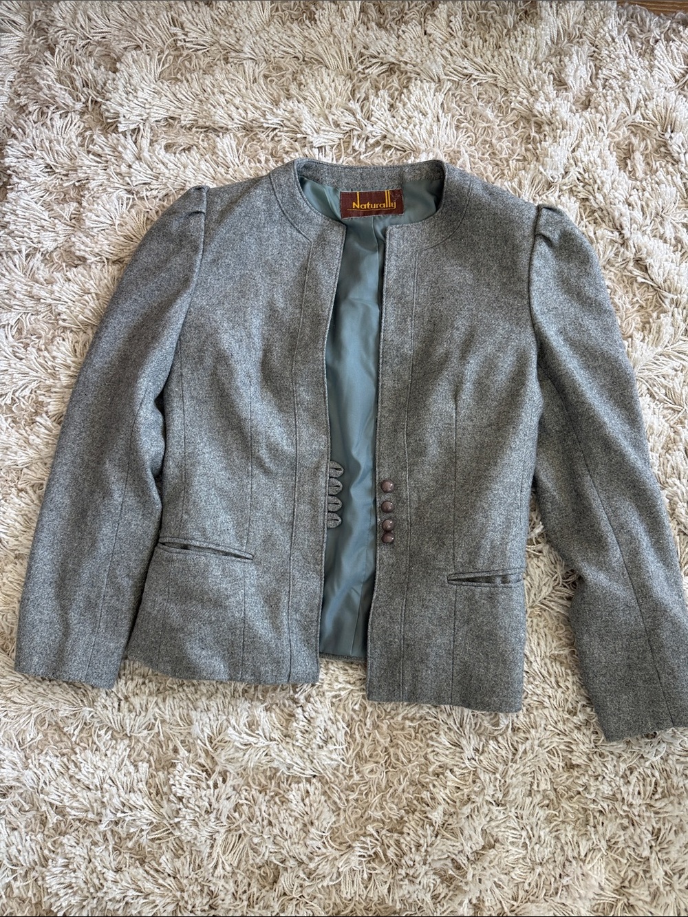 Vintage Gray Wool Blend Collarless Military Structured Blazer Size 4